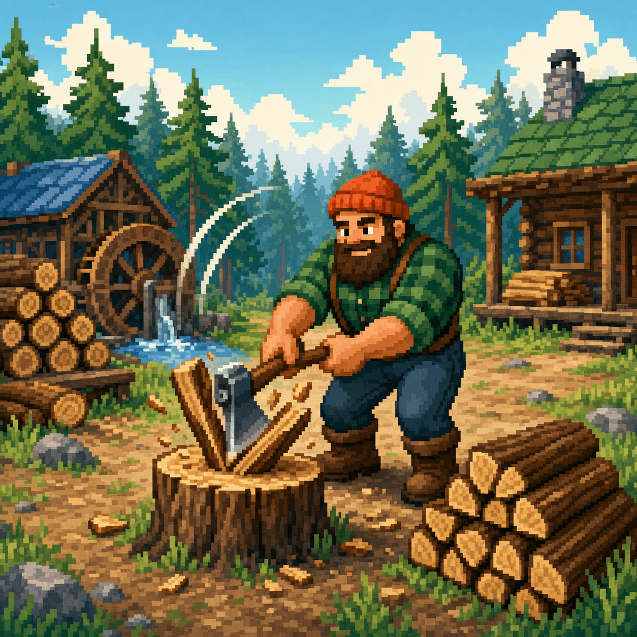 Loggy splitting firewood in the log yard